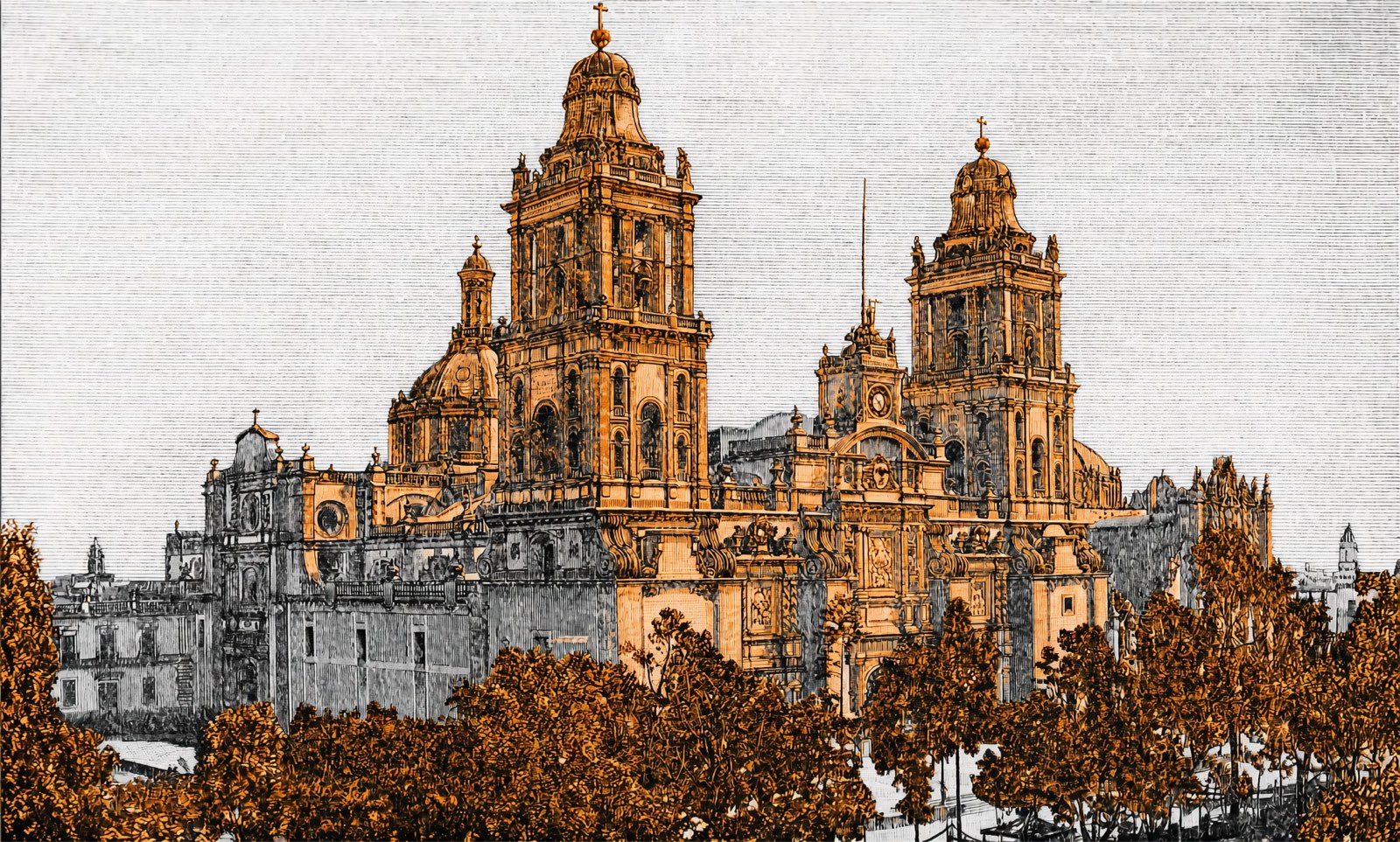 Vista histórica de la Catedral Metropolitana y el Zócalo de la Ciudad de México, intervenida con acentos naranja